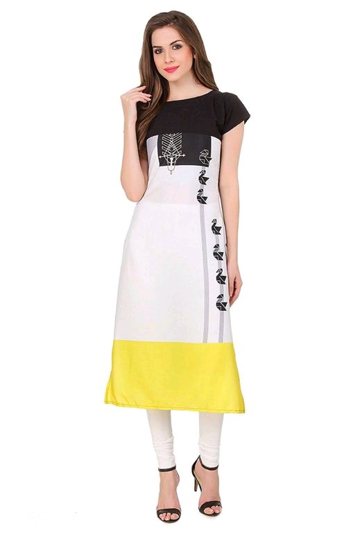 Women Crepe A-line Printed Yellow Kurti