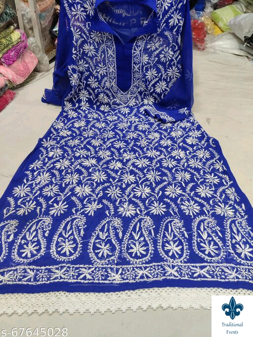 Beautiful Design Georgette Chikankari Kurti With Full Sleeves And Down Nee In Kurti Beautiful Lace